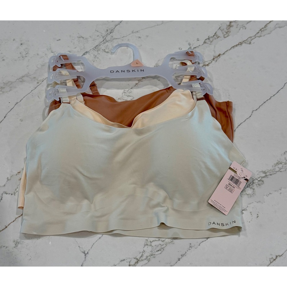 Danskin Womens 3-Pack Seamless Wireless Bralettes Tan Cream Green Large NWT